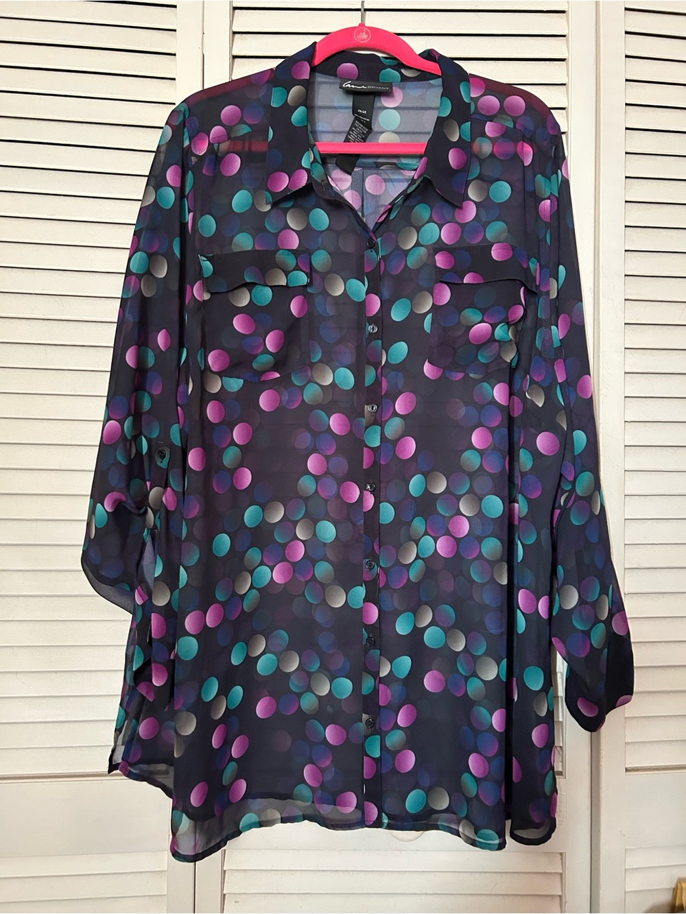 Lane Bryant Polka Dot Sheer Blouse in Teal & Purple